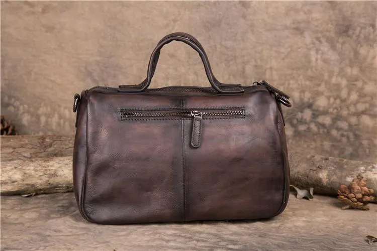 14" Mens Womens Vintage Leather Black Handbag Brown Messenger Bag Red Side Shoulder Bag for Women