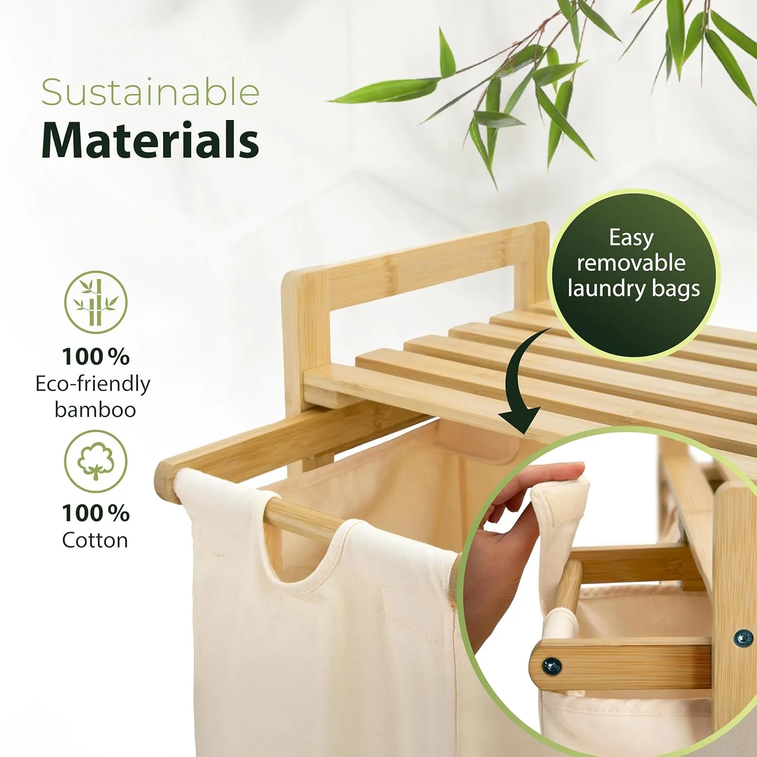 Bamboo Laundry Basket with Wheels – Large 3-Section Sorter with Removable Cotton Bags