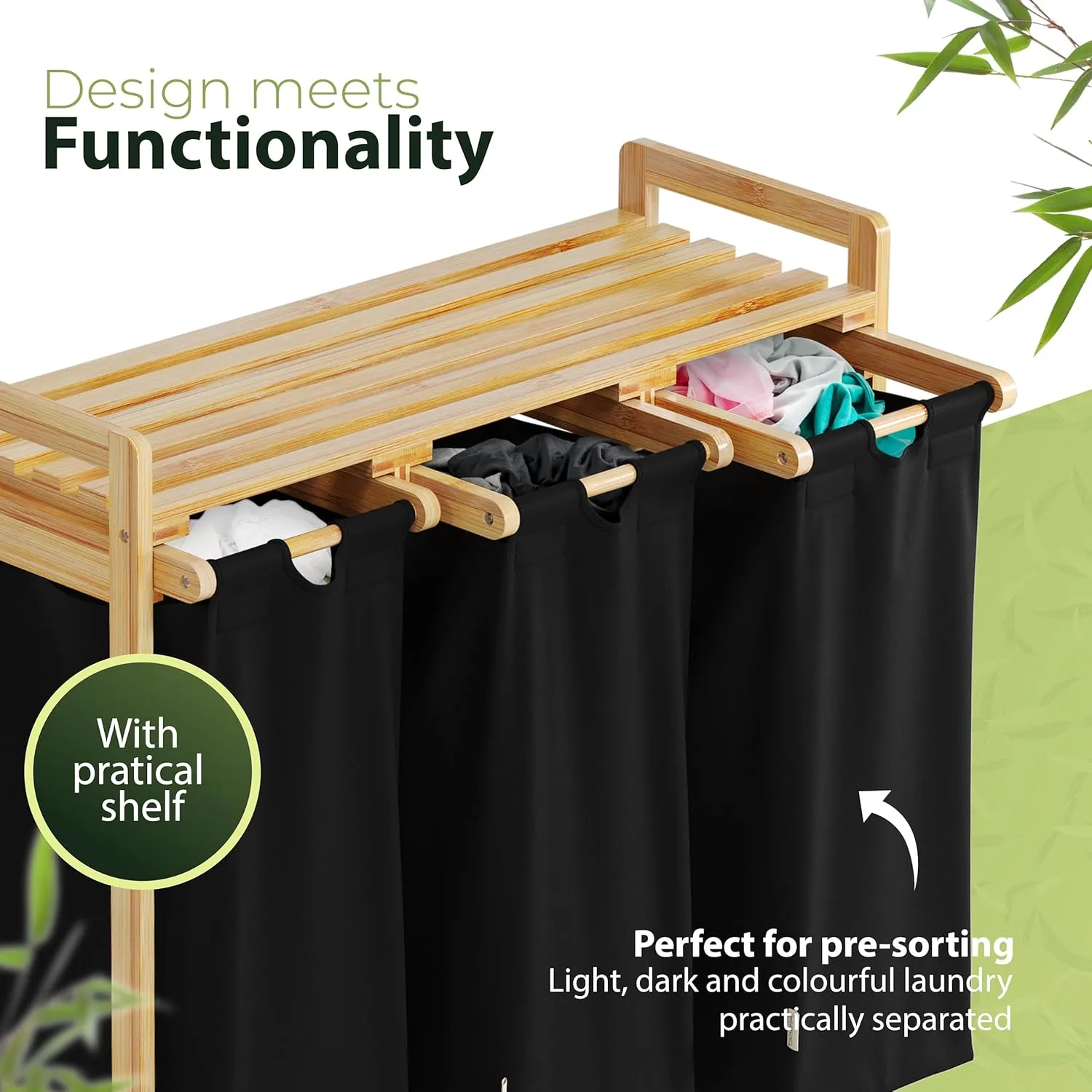 Bamboo Laundry Basket with Wheels – Large 3-Section Sorter with Removable Cotton Bags