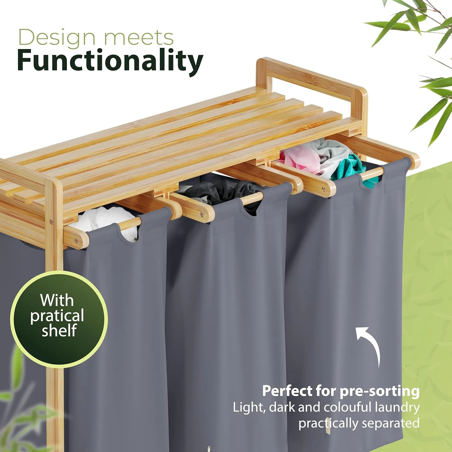 Bamboo Laundry Basket with Wheels – Large 3-Section Sorter with Removable Cotton Bags