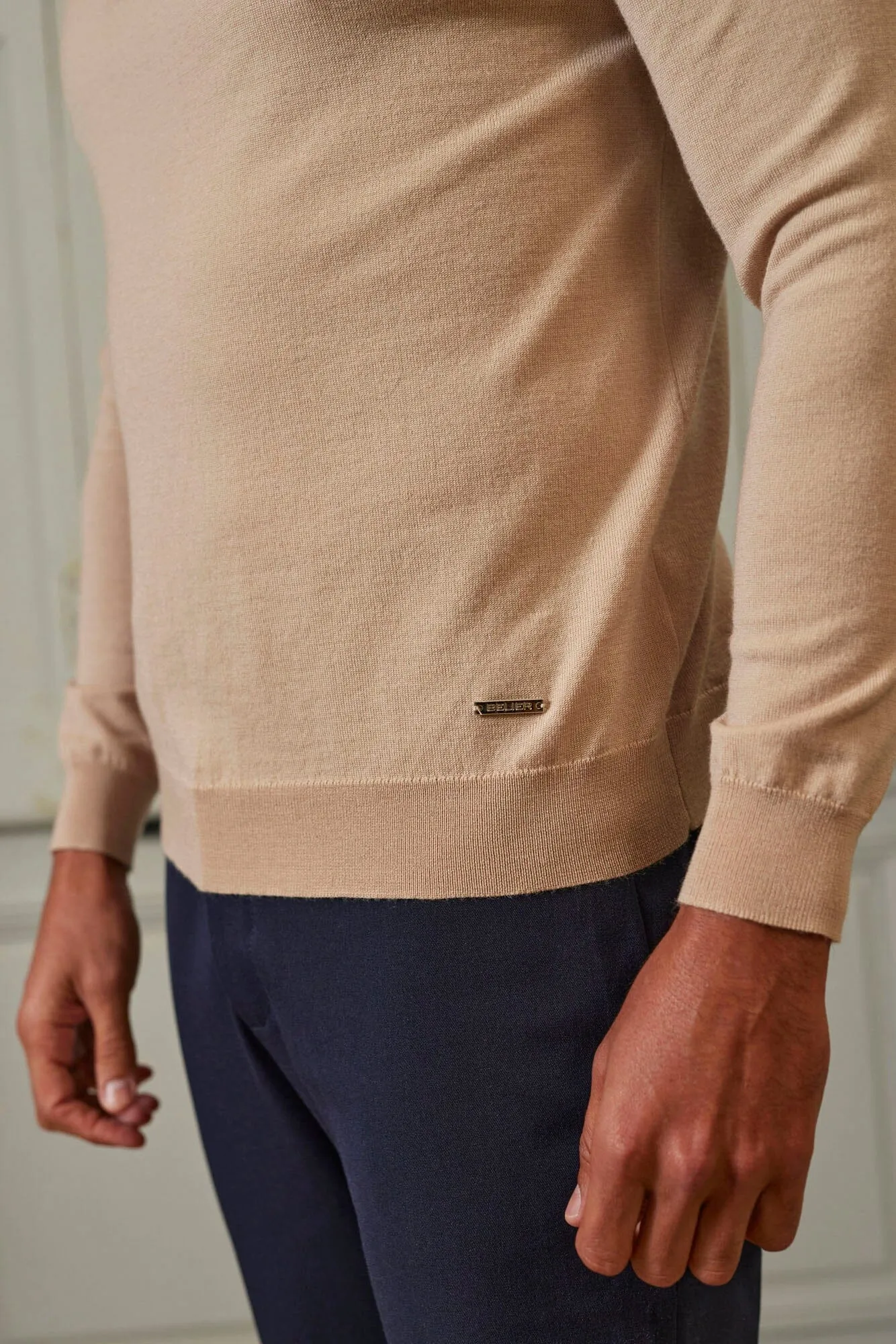 Beige 1/4 Zip Funnel Neck Knit