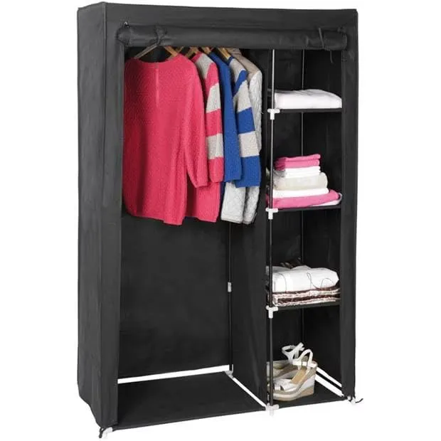 Generic Canvas Wardrobe Organizer Clothes Rail Shelves Storage Closet Double Short (Black), 55-56-57-58A