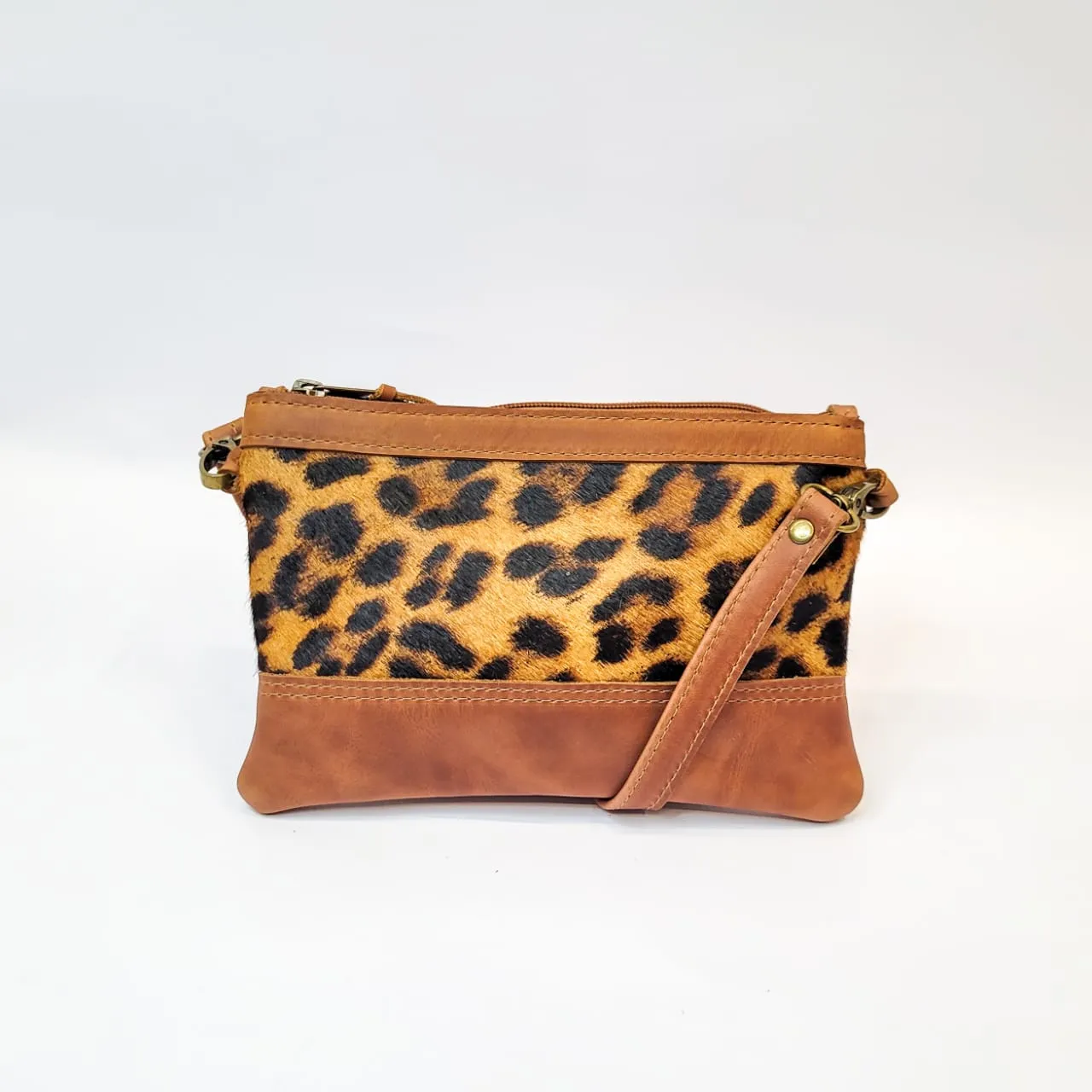 Gia leather tan/leopard print small messenger bag