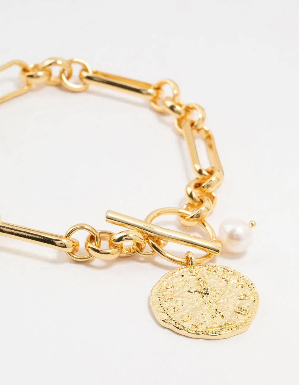 Gold Plated Rectangular Link With Coin Bracelet