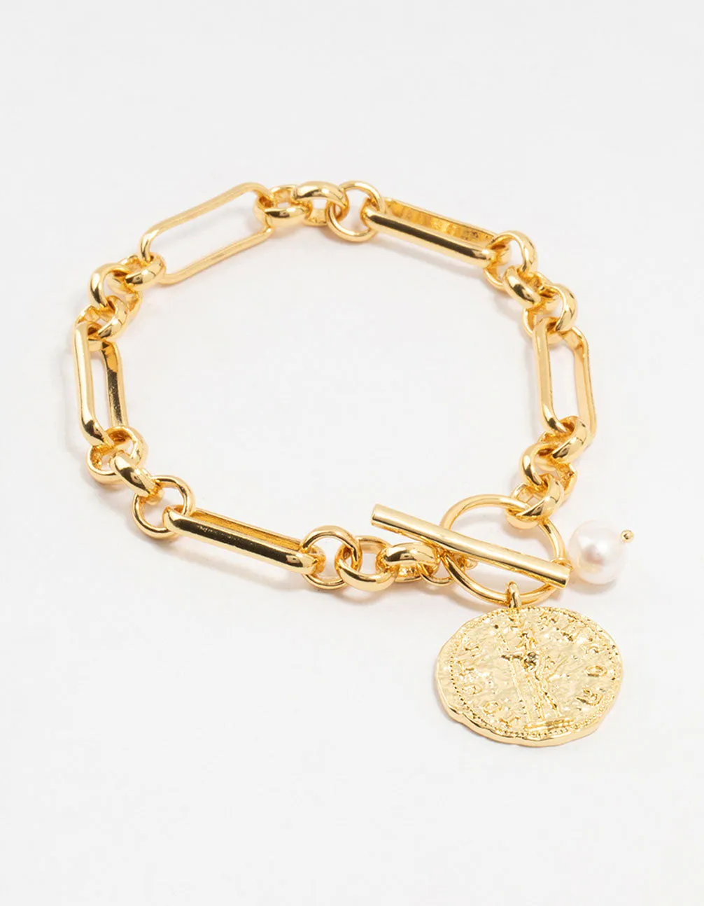 Gold Plated Rectangular Link With Coin Bracelet