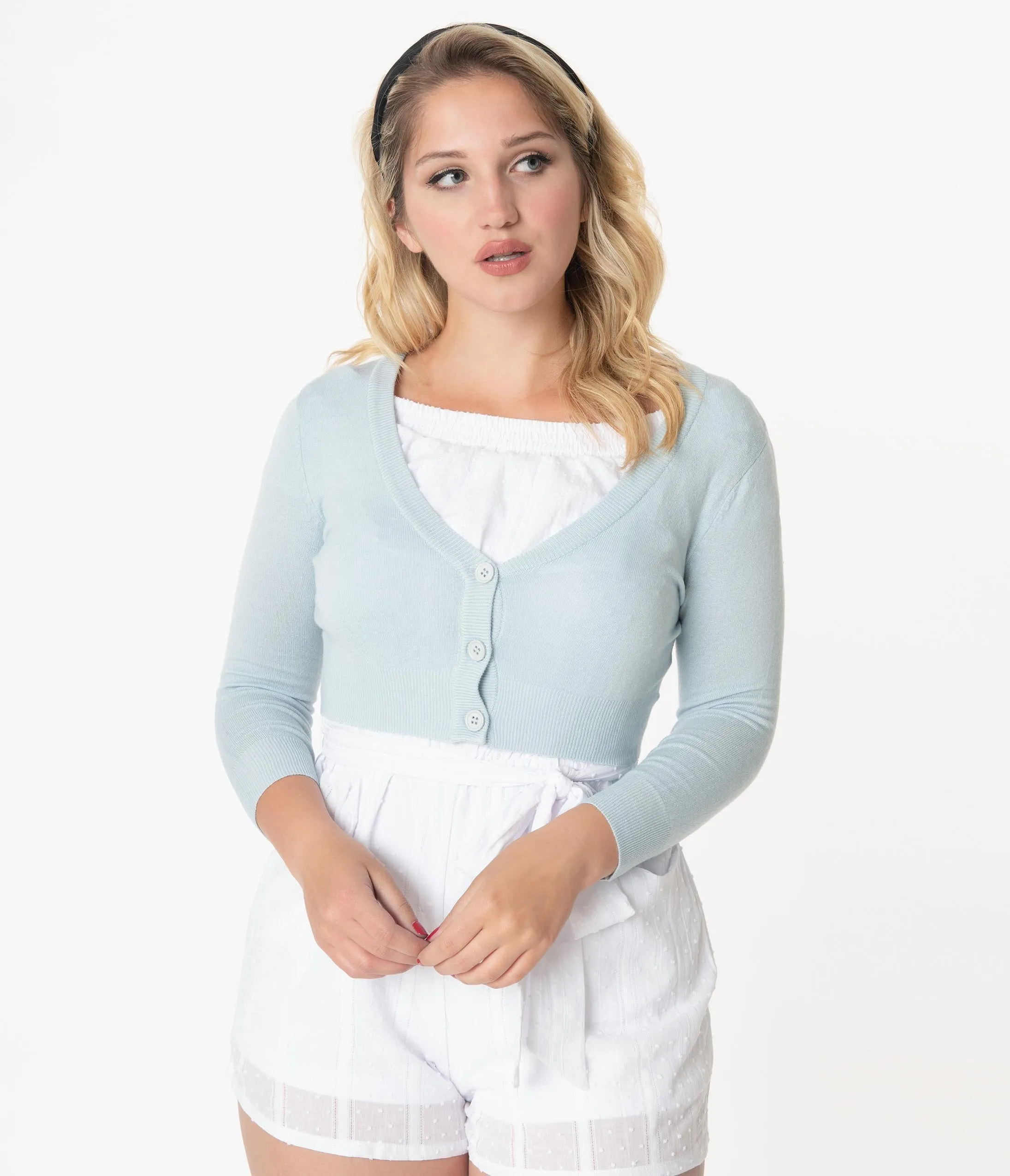 Light Blue Three-Quarter Sleeved Crop Cardigan