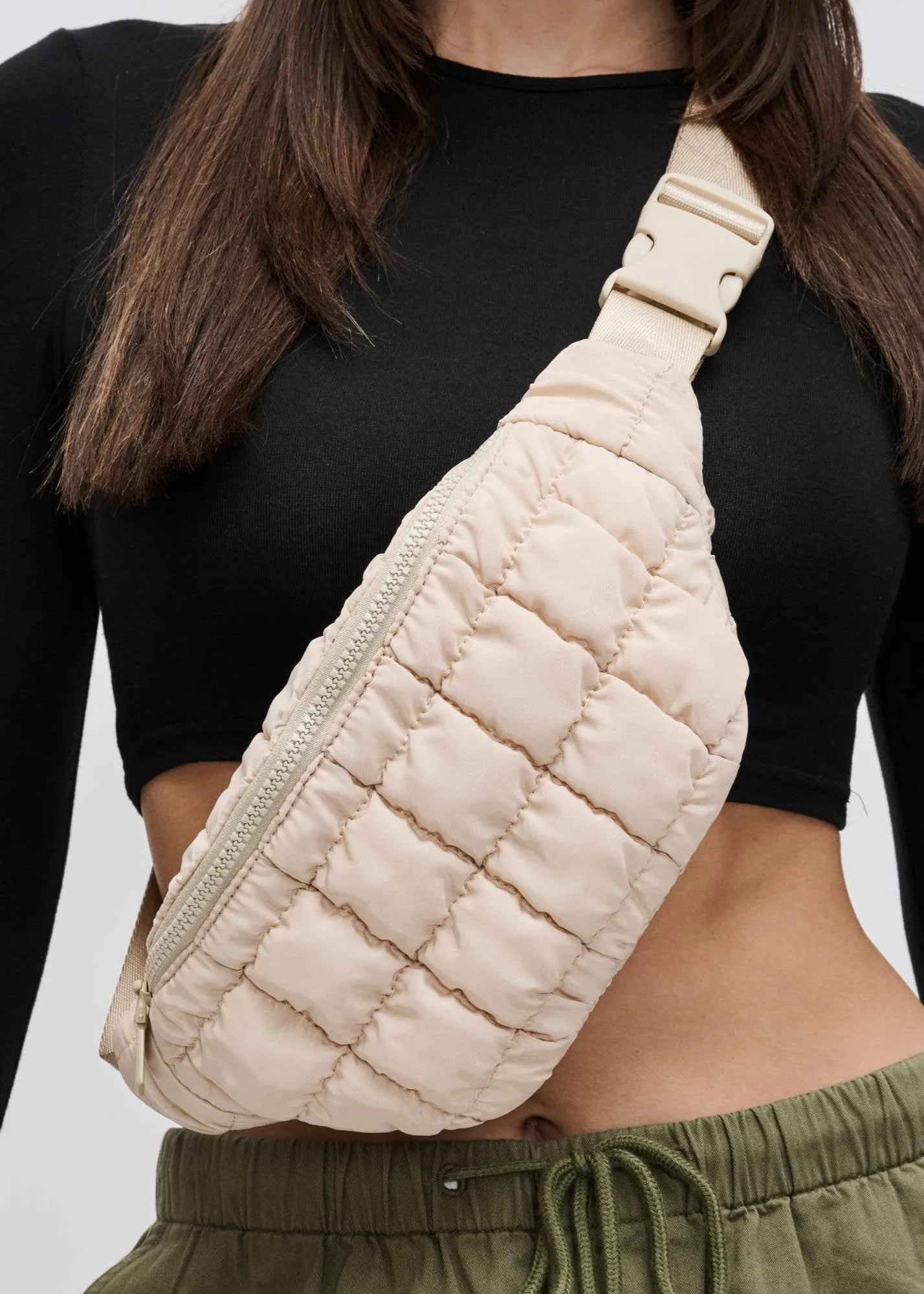 Quilted Puffer Nylon Belt Bag in Cream