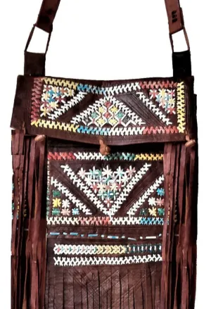 Rebel Leather Messenger/Crossbody Bag - Brown - Embroidered - Bohemian Morocco