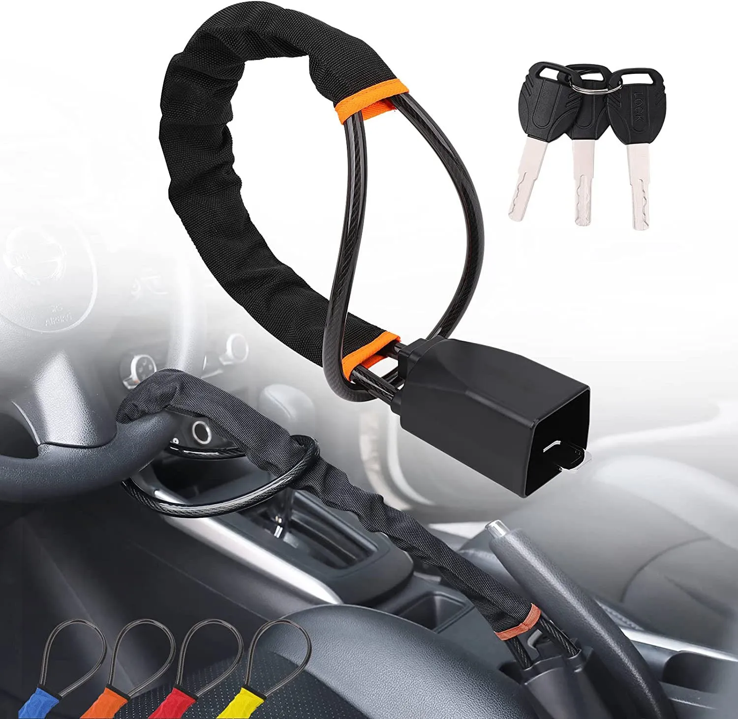 Universal Anti-Theft Steering Wheel Steel Wire Lock-Black